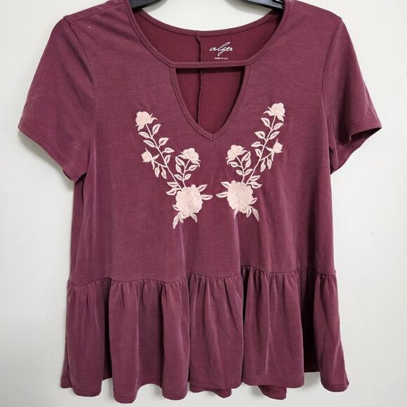 Alya Burgundy Peplum Top Pink Floral Embroidery Small Made In USA - Picture 1 of 4